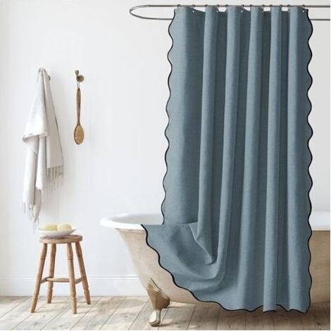 Rideau de Douche en Lin Texturé 180x180cm, Imperméable et Lavable, Anti-moisissure, pour Salle de Bain avec Anneaux, Bleu (1/5)