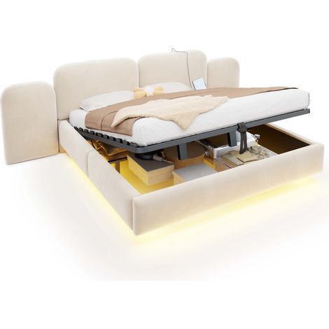 Lit Coffre 2 Places avec LED RGB, USB et Type-C, Couchage 180 x 200 cm, sans Matelas, Beige (1/5)