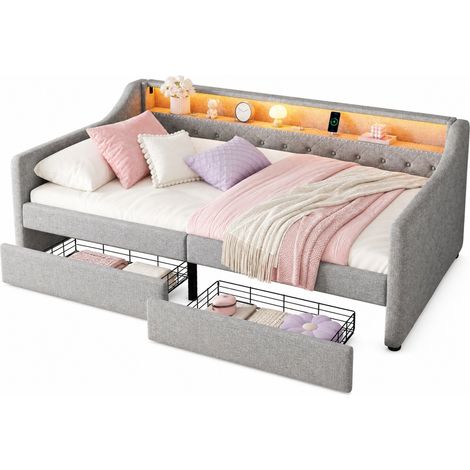 Divano letto 90x200 cm in lino e MDF grigio con LED, USB e 2 cassetti, senza materasso - CHICFURN (1/5)