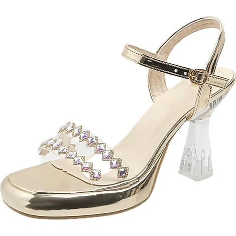 Zapatos de tacón alto transparentes para mujer, sandalias de tacón alto, punta abierta, tira en el tobillo, pedrería, hebilla de cristal, zapatos de oficina o para graduaciones. (1/5)