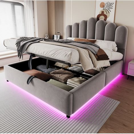 Letto contenitore 140x200 cm con sistema idraulico, illuminazione a LED, testiera imbottita e rete a doghe, velluto - grigio (1/5)