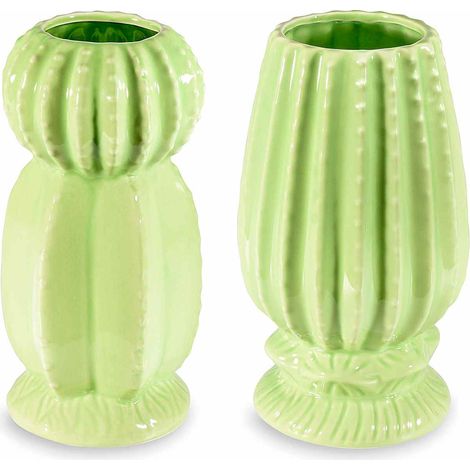 Vasi a forma di cactus verde in ceramica con dettagli in rilievo, set da 2 pezzi, Ø 11 cm x 20 H