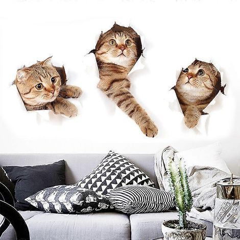 Lot de 3 stickers muraux 3D chats, autocollants, stickers muraux pour enfants/décorations murales en vinyle amovibles pour salon, chambre de bébé, chambre à coucher, salle de bain, décoration murale à (1/5)