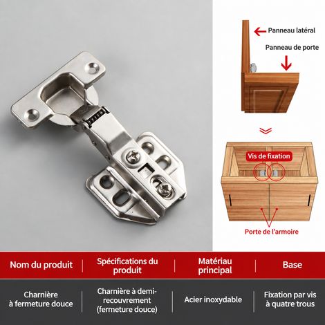 Charnière hydraulique amortie fixe en acier laminé à froid 1,2 mm semi-applique demi-recouvrement en sachet réf 8392 – Livraison gratuite