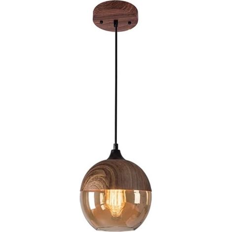 Suspension LED Moderne en Bois et Verre, luminaire Suspendu pour îlot de Cuisine, Abat-Jour en Verre ambré(Sans ampoule) (1/5)