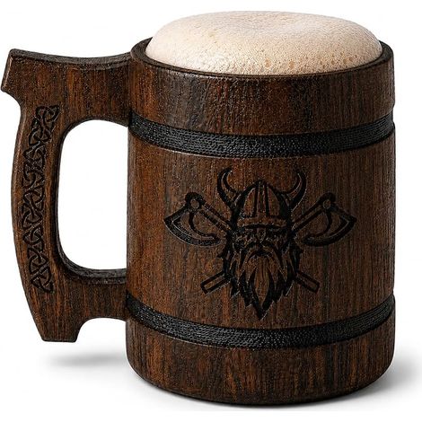 Chope à Bière Viking en Bois de Chêne Tasse avec Intérieur en Acier Inoxydable pour Homme et Papa Marron (1/5)