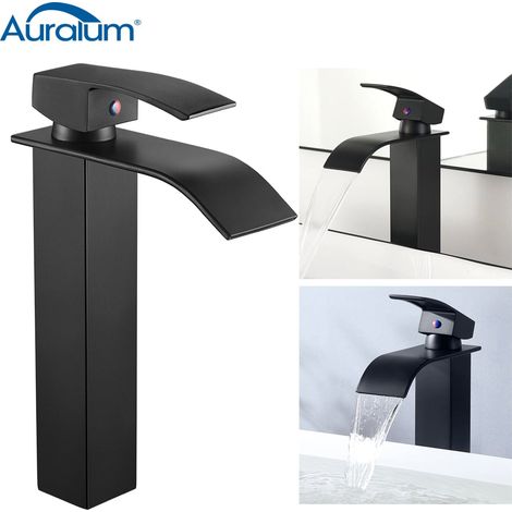 Rubinetto per lavabo a cascata nero Auralum con bocca alta, miscelatore per lavabo da appoggio, rubinetto per bagno in ottone (1/5)