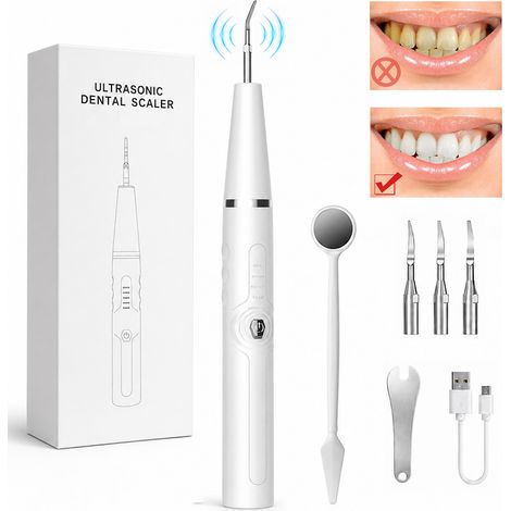 Détartreur Dentaire ultrason, 5 Modes, LED, IPX6 Étanche, Kit Complet 3 Têtes + Miroir, USB-C, Tartre et Taches, Blanc (1/5)