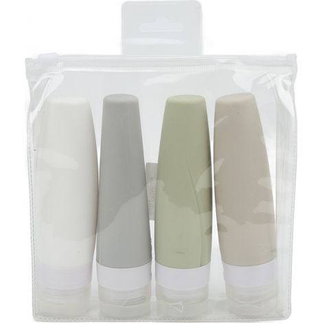 Set mit 4 Weithals-Reiseflaschen aus Silikon, auslaufsicher (90 ml), erhältlich in 4 Farben und flexibel. (1/5)