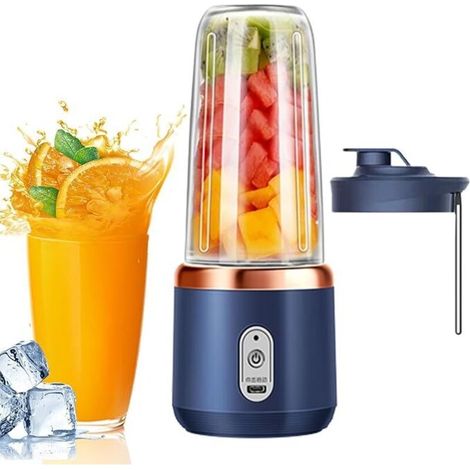 Tragbarer Smoothie-Maker (400 ml), multifunktionaler elektrischer Mixer mit Deckel und 6 Klingen, wiederaufladbar, mixt Smoothies, Proteinshakes und Eiswürfel (1/4)