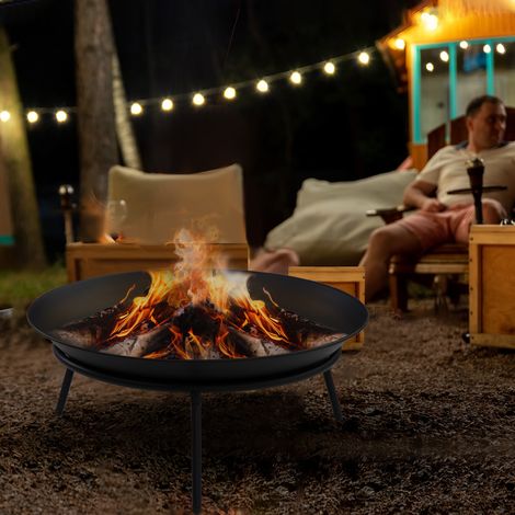 Feuerstelle aus Metall mit Schürhaken für Terrasse und Garten, Ø 47 x 21 cm, Schwarz