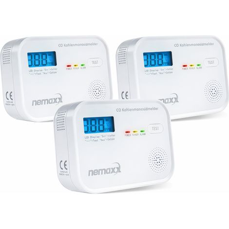 NEMAXX® CM18 Rilevatore di Monossido di Carbonio/Allarme CO con Display LCD – 85 dB, Sensore Elettrochimico, EN 50291-1:2018, Pulsante Test, 3× Batterie AA LR6, Durata del Prodotto 10 Anni – Set da 3
