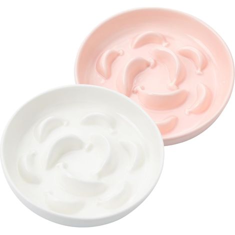 Ceramic Anti Glutton Cat Bowl – Set of 2 Slow Food Cat Bowls – Double Bowl for Cats Pastel Series – Dishwasher and Microwave Safe – White and Pink (1/5)