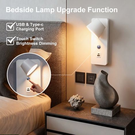 Applique murale LED avec variateur, port USB-C intégré, lumière blanc chaud (3000K/4000K/6000K) pour chambres, couloirs, sous-sols et intérieurs (1/5)