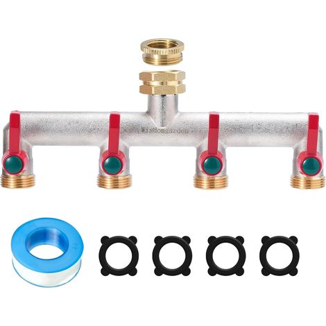 1 Distributeur 4 voies, Laiton nickelé, Filetage 3/4 pouce, Poignée allongée, Avec adaptateur 1/2 pouce, Jardin