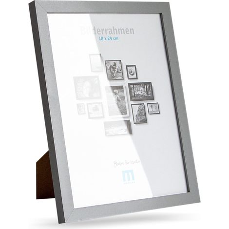 Cadre photo moderne et intemporel en bois MDF gris pour petites photos et images de 18 x 24 cm avec protection en verre acrylique inclus. Il peut être utilisé comme support de table ou à poser au mur (1/5)