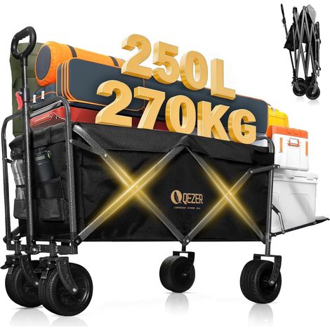 Chariot Pliable avec Roues Tout Terrain,Capacité de Charge 220 kg/270 kg, Chariot de Transport Multifonction pour Plage,Jardin, Camping, Pêche et Barbecue (Noir, Grande Taille) (1/5)