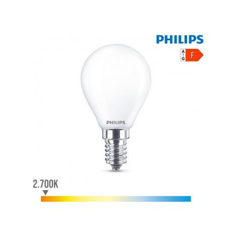 Bombilla PHILIPS Esférica LED E14 4,3W 470lm 2700K Luz Cálida 4,5x8,2cm