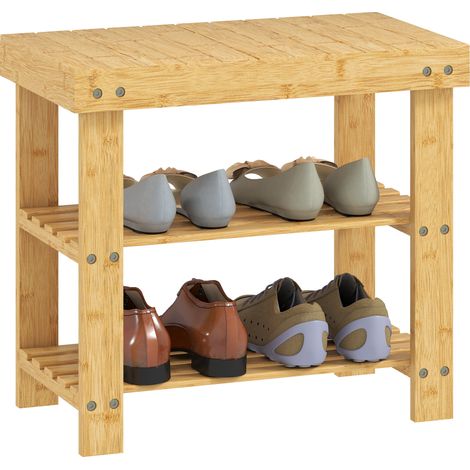 HOMCOM 3-Tier Bamboo Shoe Bench with 2 Shelves for Entryway, Wood Finish