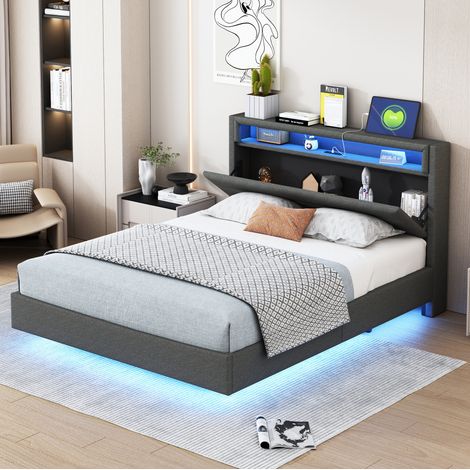Polsterbett Leinenstoff Grau 140x200 cm mit USB-Anschluss, LED-Beleuchtung und Stauraum im drehbaren Kopfteil (1/5)