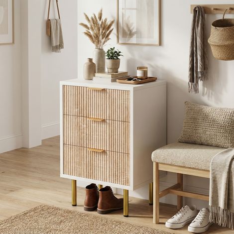 Set 2 cassettiera 3 cassetti, cassettiera 40cm, cassettiere e madie, design rigato in legno e bianco, mobile contenitore per camera, soggiorno e ingresso, stile scandinavo, Rovere Chiaro (1/5)