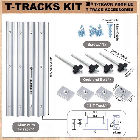Ensemble de rainure en T et de glissière argentés Ensemble de rainures en T et de glissières T30 pour le travail du bois (rouge/bleu/argent) - Outils de modification d'établi pour le travail du bois à (1/5)