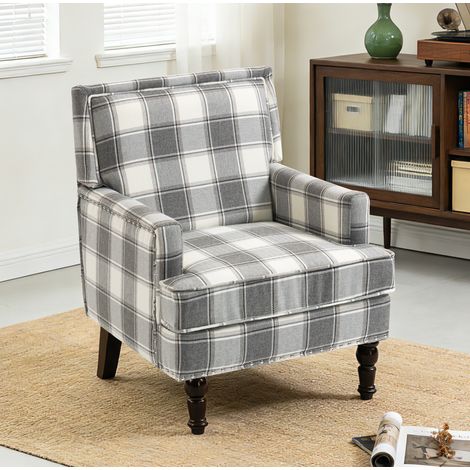Fauteuil d’accent vintage rembourré, tissu lin gris et blanc, cadre en bois, REDOM (1/5)