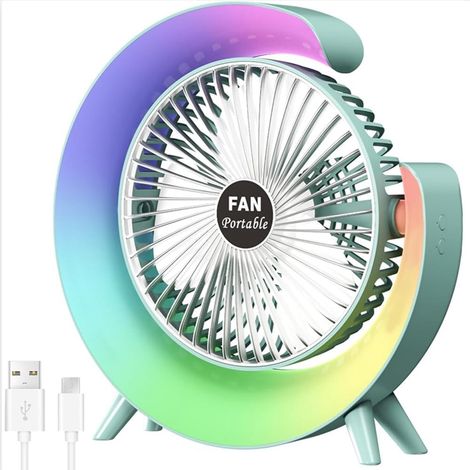 Nuovo ventilatore da tavolo USB con 3 velocità e illuminazione LED colorata – Ventilatore da tavolo portatile – Ventilatore da scrivania silenzioso – Ruotabile a 181° – Per casa e ufficio (1/5)