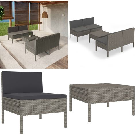 Salon de jardin 5 pcs avec coussins résine tressée gris - Salon De Jardin - Mobilier De Jardin - Set De Salon De Jardin - Résine Tressée - Chaise Longue - Home & Living