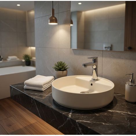 Lavabo tondo da appoggio senza troppo pieno in ceramica con foro rubinetto - Avorio Opaco