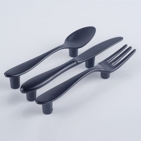 SABIR Couteau, fourchette et cuillère Poignée de meuble créative Poignée de meuble à tiroir Poignée de cuisine (3 pièces noires) (1/4)