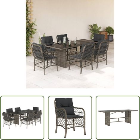vidaXL Gartenstuhl -  7-tlg. Garten-Essgruppe mit Kissen Grau Poly Rattan (1/5)