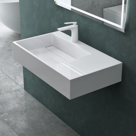 Mai & Mai Lavabo Suspendu Vasque à Poser Blanc 75cm Evier Lave Mains Salle de Bain sans Trop-plein Col12-750 L