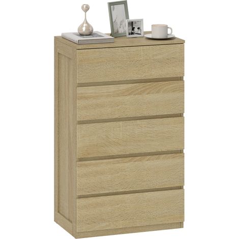 Commode en bois à 5 tiroirs avec glissières métalliques et poignées rainurées, 60 x 39 x 100 cm, couleur hêtre