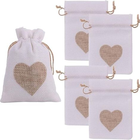 BEBUSINGOTO 10 Jutesäckchen mit Herzmuster, 12 x 15 cm, für Schmuck, Gastgeschenke, Süßigkeiten, Geschenke, Taufen, Geburtstage, Weihnachten (1/4)
