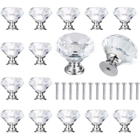 15 Pcs Boutons de Meuble Diamant, Poignées Transparentes en Cristal pour Tiroirs et Placards (1/3)