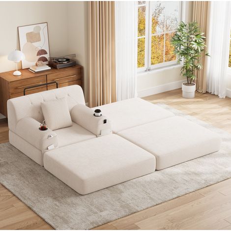 Poltrona letto 107x162x81 cm, trasformabile in letto, schienale alto, 4 tasche laterali, 2 portabicchieri, tessuto cord beige (1/5)