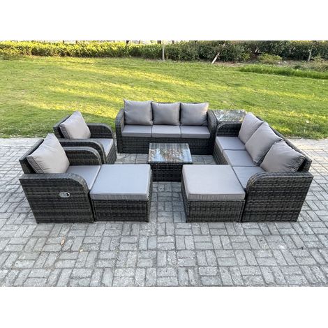 Fimous Dossier haut Salon de jardin avec Table basse carrée 2 Grand tabourets Table d'appoint Ensemble de canapés en rotin Gris foncé mixte (1/5)