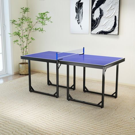 Mesa de ping-pong plegable para interiores, con red, no requiere montaje, 182 x 91 cm, azul y morado.