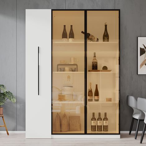 Vitrine d'exposition avec éclairage LED, Porte en verre et tiroir latéral, Meuble de rangement sur roulettes, 110.5x35x160 cm, Style français, Blanc