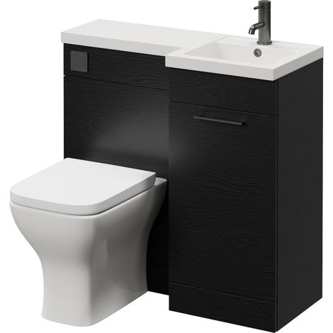 Napoli 390 Nero Oak 900mm Single Door Vanity Unit Toilet Suite with Right Hand Square Lucia Basin - 900mm - Gunmetal Grey 160mm HandleWith Kingston Toilet Pan and Seat