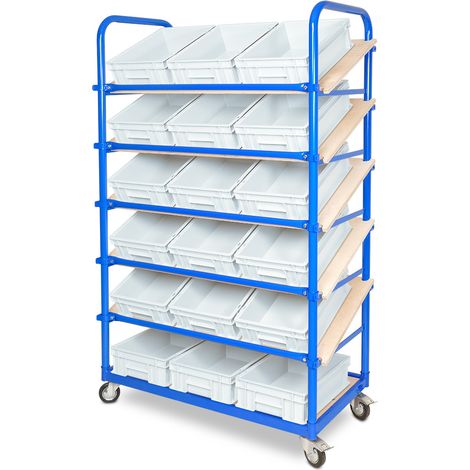 BRB Schrägboden-Regalwagen mit 6 Ebenen, BxTxH 1050x500x1690 mm bestückt mit 18 Euroboxen BxTxH 400x300x120 mm (weiß)