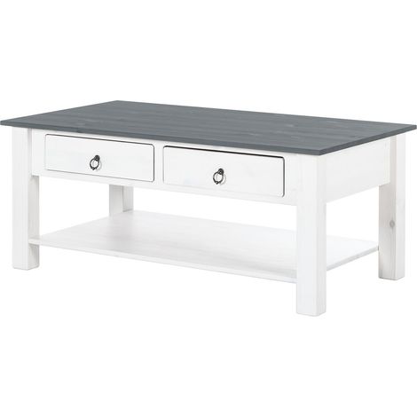 InesTable basse avec 2 tiroirs en pin blanc et gris (1/3)