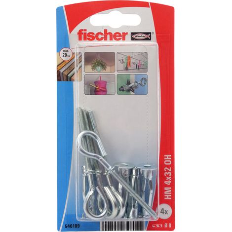 Fischer – Cheville pour support creux 4x32 mm – Métal électrozingué – Lot de 4 chevilles et pitons – Pour carton-plâtre et panneaux légers - hm4x32 (1/4)
