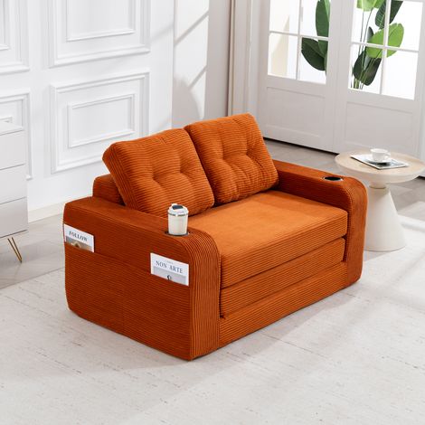 Canapé 2 places en velours côtelé avec porte-gobelets et poches latérales, pouf convertible sans cadre avec coussins matelassés - Orange