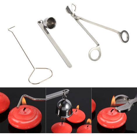 Set mit 3 Werkzeugen zum Löschen von Kerzen: Kerzenlöscher, Dochtschneider und Edelstahlschere (Sonderangebot). (1/5)