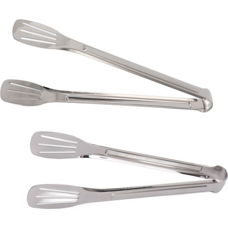 Ensemble de pinces de cuisine en acier inoxydable de 23 et 28 cm, comprenant une pince à pain à trois brins, idéale pour les buffets et les barbecues. (1/5)