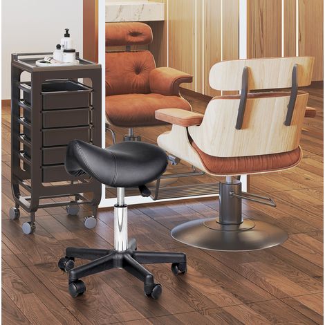 Taburete ergonómico de polipiel negra con ruedas, giratorio 360°, altura regulable 45-55 cm, base de acero (1/5)