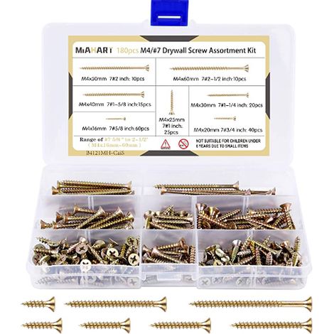 180 vis autotaraudeuses galvanisées M4 à filetage pointu pour plaques de plâtre, meubles et armoires en bois. (1/5)