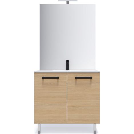 Meuble de salle de bain suspendu avec pieds vasque intégrée 90cm 2 portes Chêne clair + miroir - Chelsea (1/5)